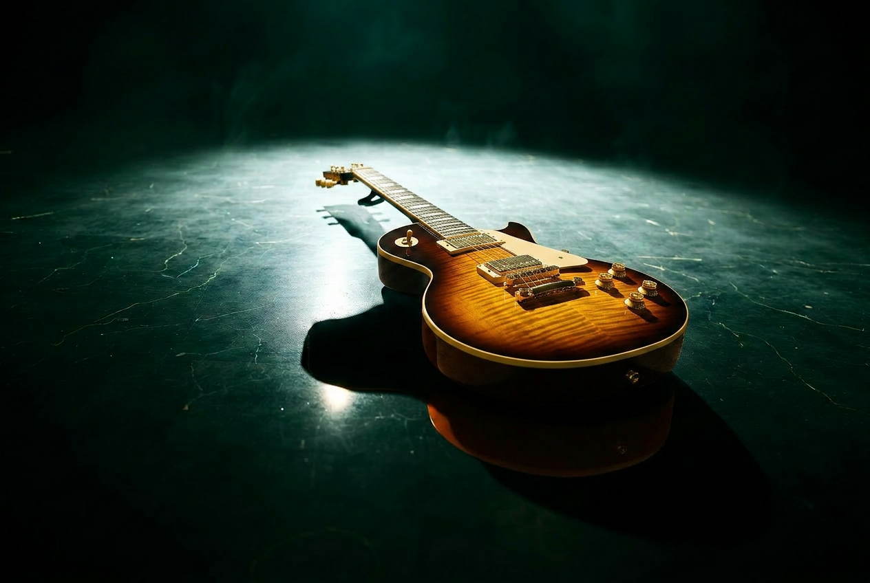 Black electric guitar resting on a glossy black and gold epoxy floor